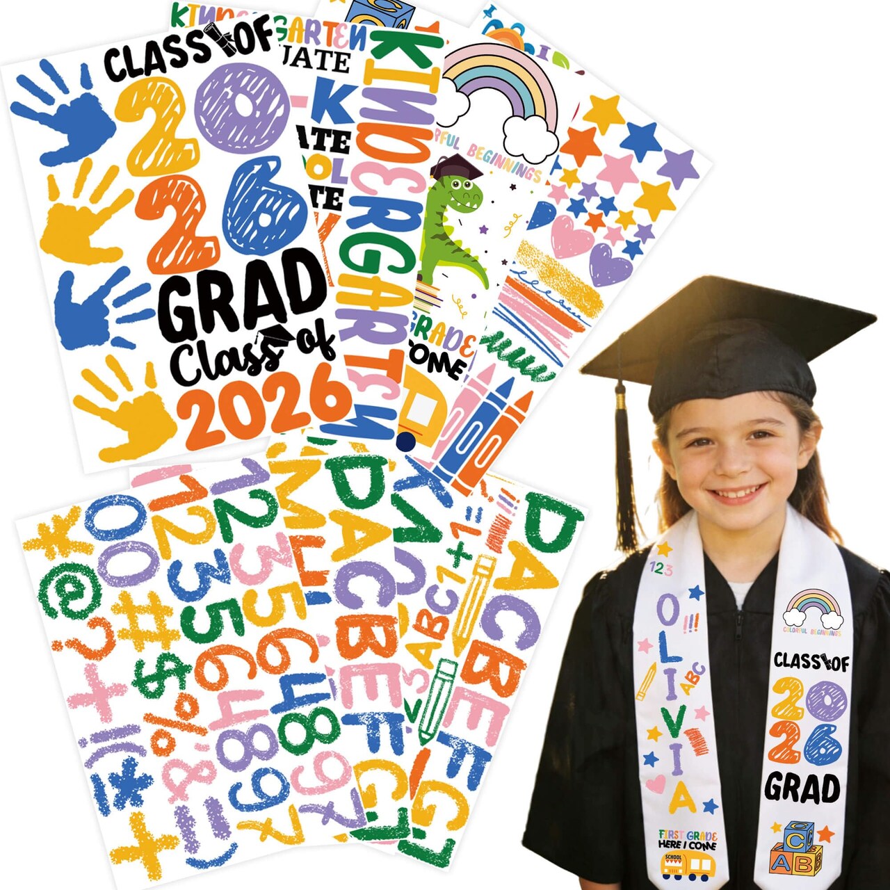 Preschool Prek Kindergarten Kids Graduation Stole Sash Class of 2026 Decorations DIY Customize Graduation Stole Graduation Sash Personalized Iron-On Decals Heat Transfer Vinyl HTV Numbers Letters Set